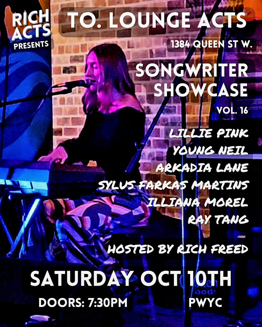 Rich Acts Songwriter Showcase Vol. 16 poster, listing Optifold inventor Ray Tang among six performers on October 10, 2026.